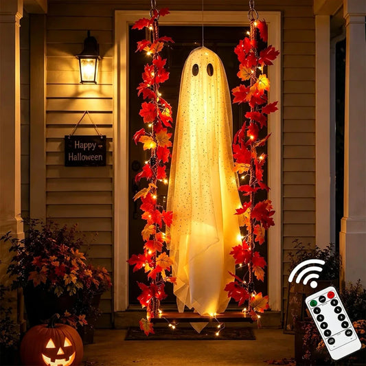 Preassembled light-up swinging Halloween ghost with maple leaves