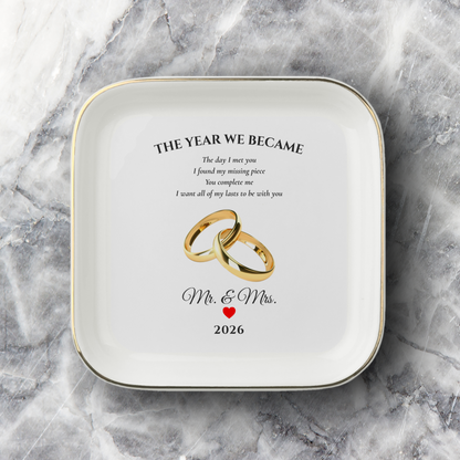 Personalized "The Year We Became Mr. & Mrs." Ceramic Jewelry Dish – 2026 Newlywed Keepsake