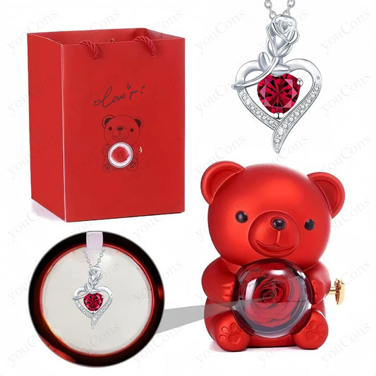 Red Heart Zircon Bear Necklace